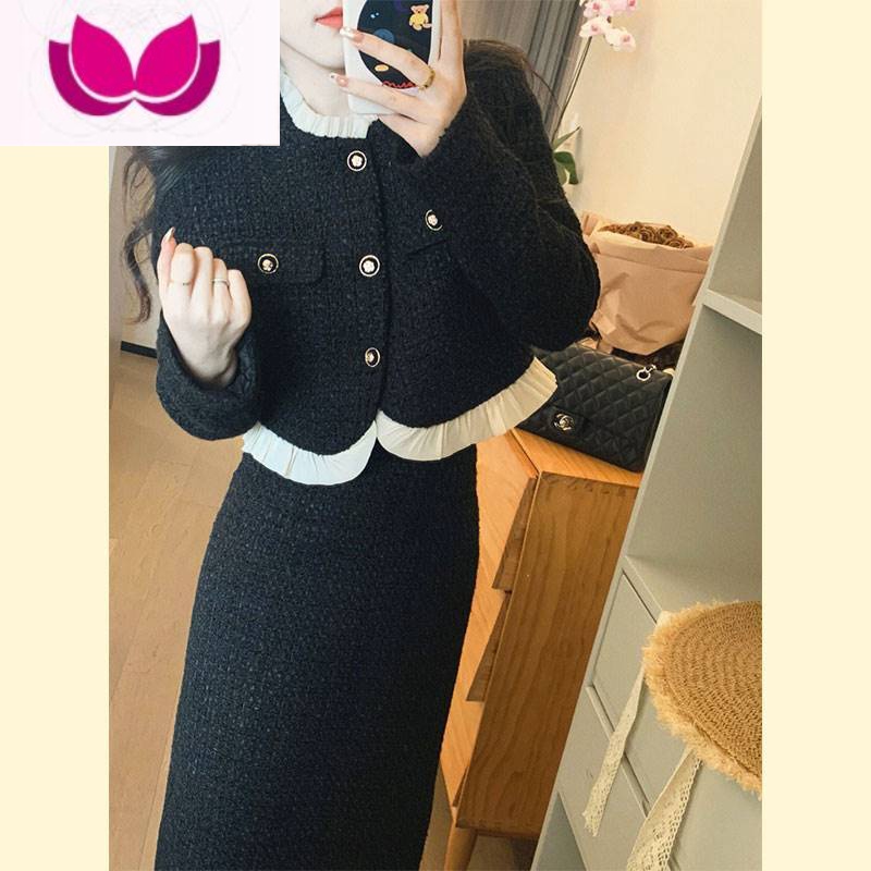 七斓女装高级感冷淡小香风黑色连衣裙子韩系套装冬装搭配一整套高清大图