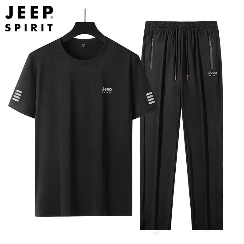 JEEP吉普男装套装散口短袖T恤长裤两件套运动服夏季宽松冰丝