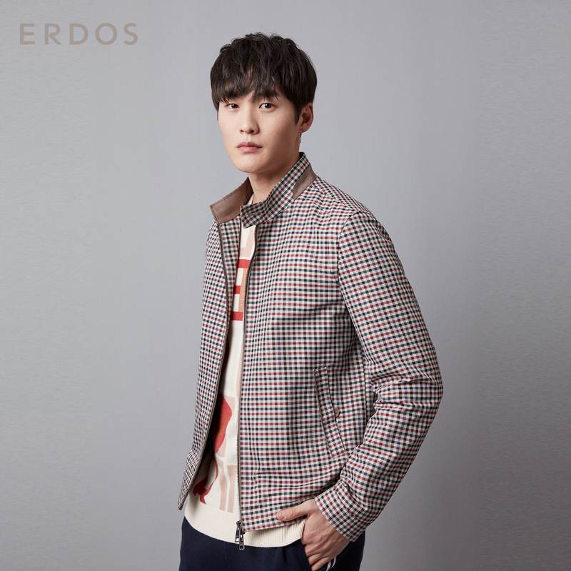 ERDOS 新款男士立领格纹夹克拉链短款上衣外套领口一粒扣