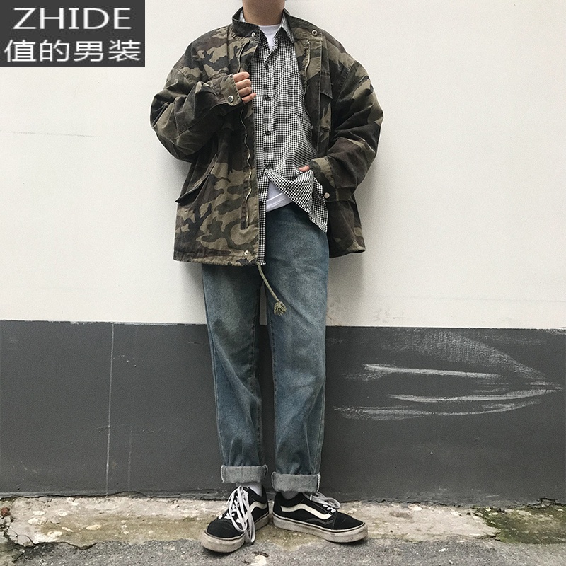 SUNTEK春秋季款美式复古立领宽松工装迷彩夹克风衣bf原宿韩版男女潮外套风衣高清大图