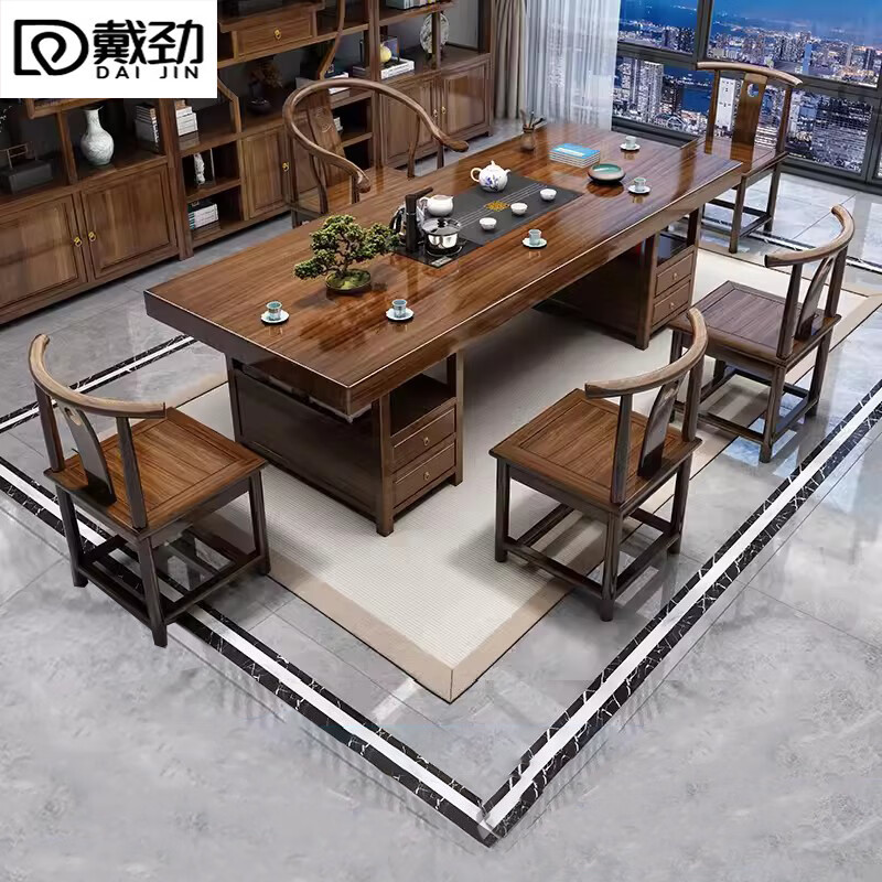 戴劲原木大板茶桌椅组合茶海茶桌办公室茶几茶道喝茶桌套装一体2米抽屉储物款大板+1围椅4月牙椅