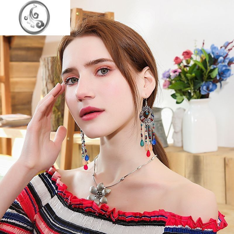 jimi藏式耳钉民族风耳饰藏族配饰耳坠旅游宫廷风长款游玩耳夹无耳洞女