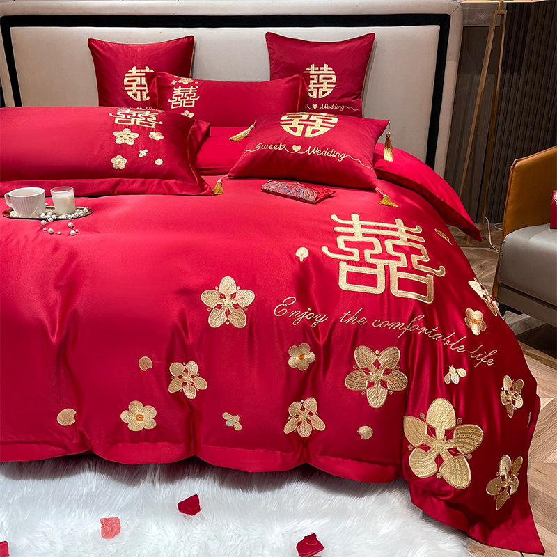 婚庆四件套全棉龙凤中式结婚大红色纯棉多件套刺绣新婚嫁床上用品