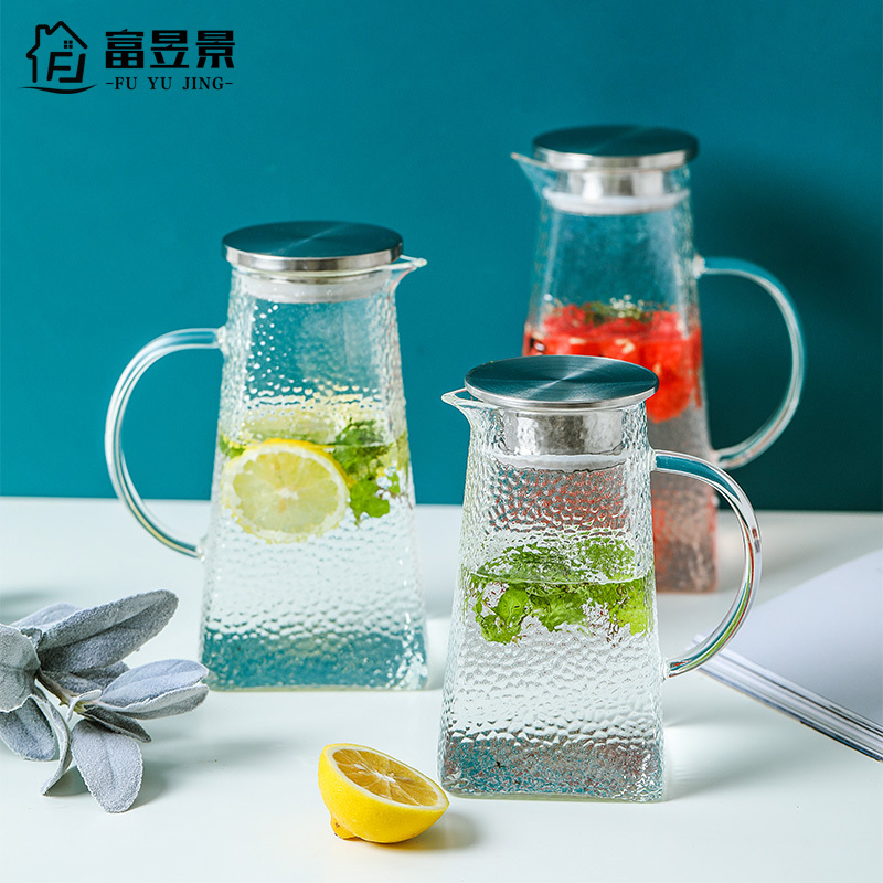 富昱景 日式锤纹玻璃冷水壶高硼硅玻璃 耐高温防爆家用大容量果汁茶壶花茶过滤凉水壶 明火加热水具茶具套装1.5L 一壶二杯