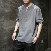 棉麻t恤男短袖夏季薄款V领亚麻半袖打底衫宽松大码中国风复古休闲 灰色 M