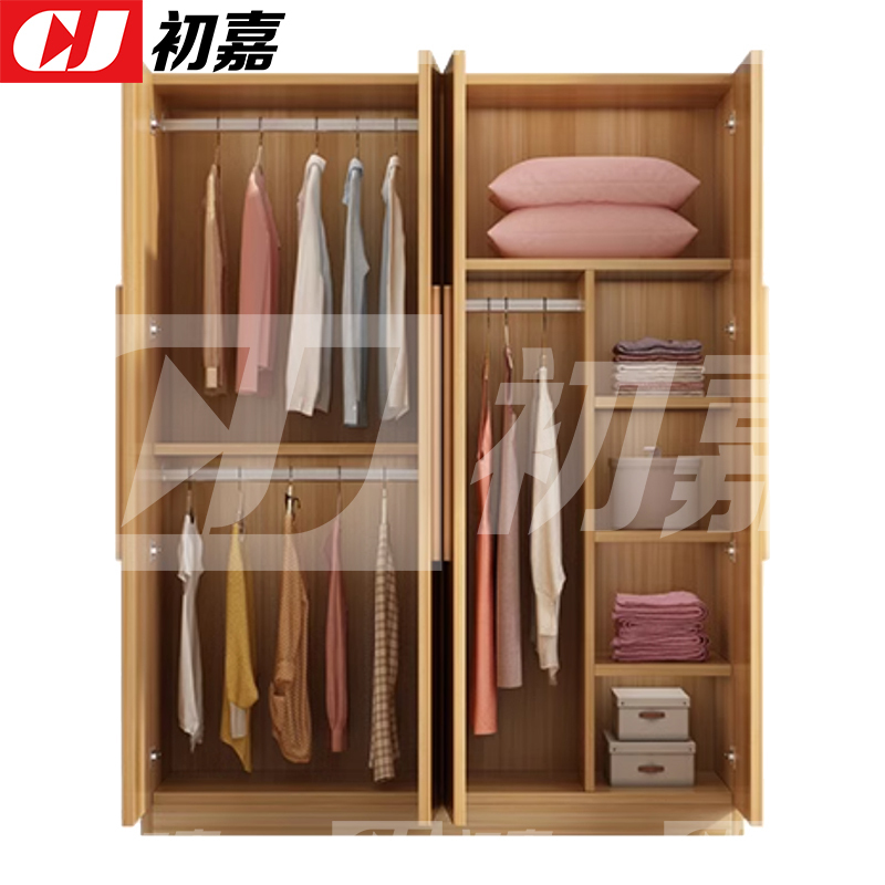 初嘉(CJ) 简约木质衣柜衣服收纳柜 浅胡桃色四门 1400*500*1800