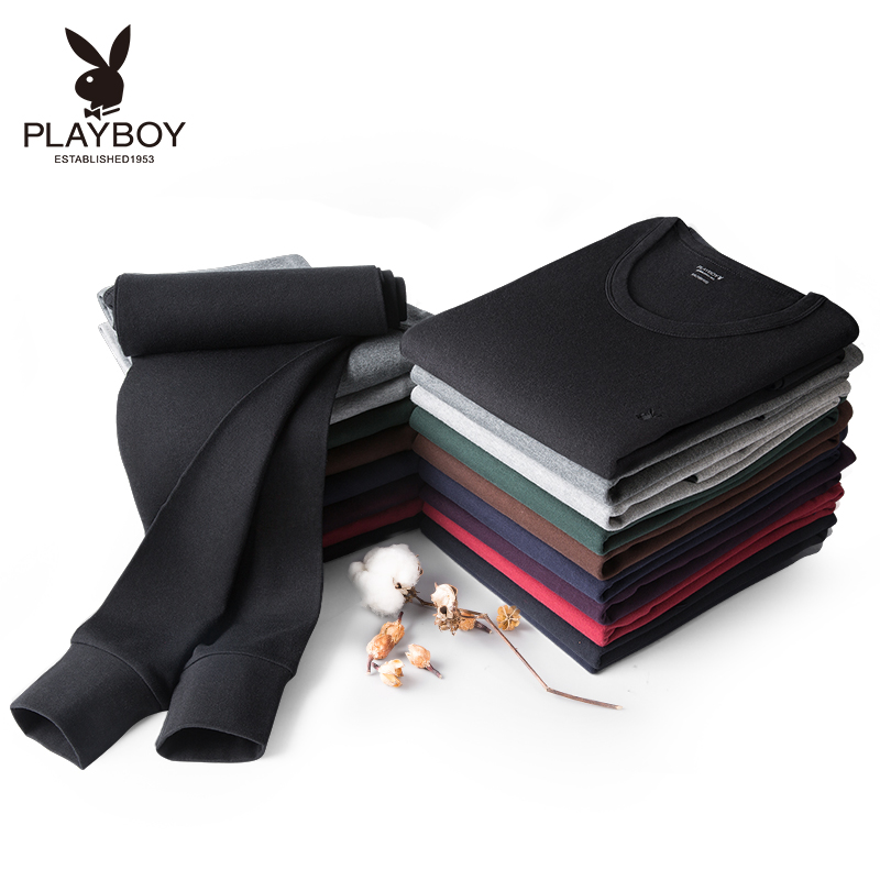 花花公子男士纯棉秋衣秋裤V圆领棉毛衫青年全棉薄款保暖内衣套裤高清大图
