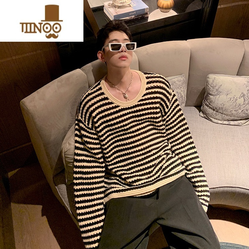 YANXU秋季复古钩花条纹镂空针织毛衫长袖男设计感慵懒风休闲打底衫上衣高清大图