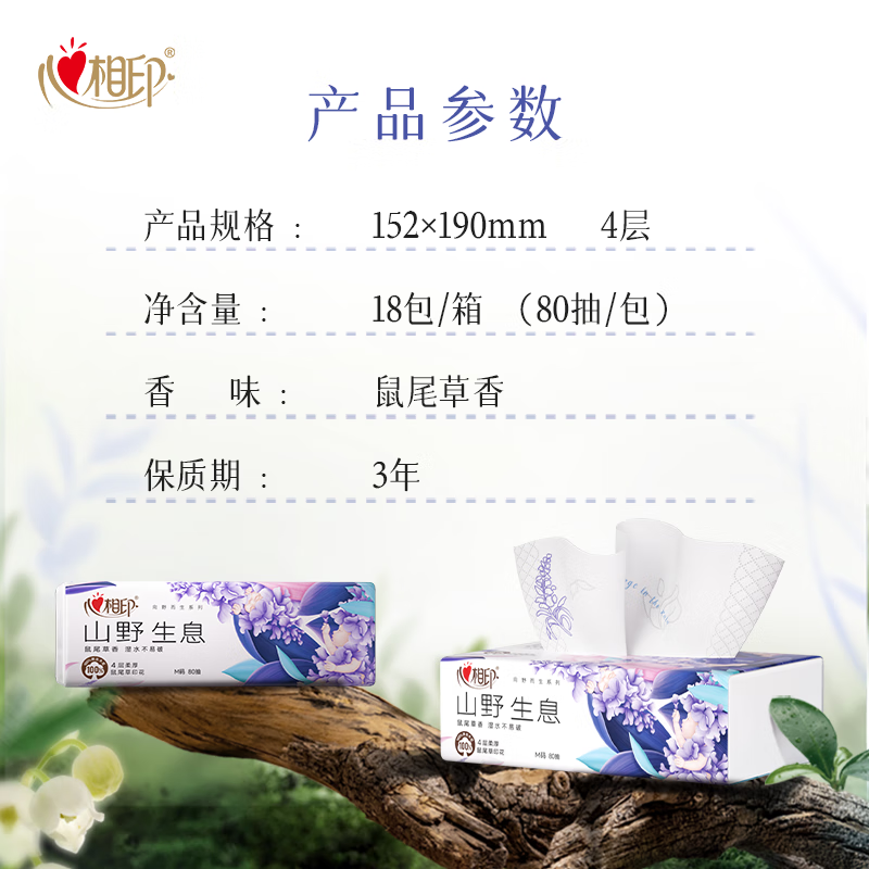 DT42080(箱装)心相印向野而生80抽18包四层塑装面巾纸(鼠尾草印花)M码(影)高清大图