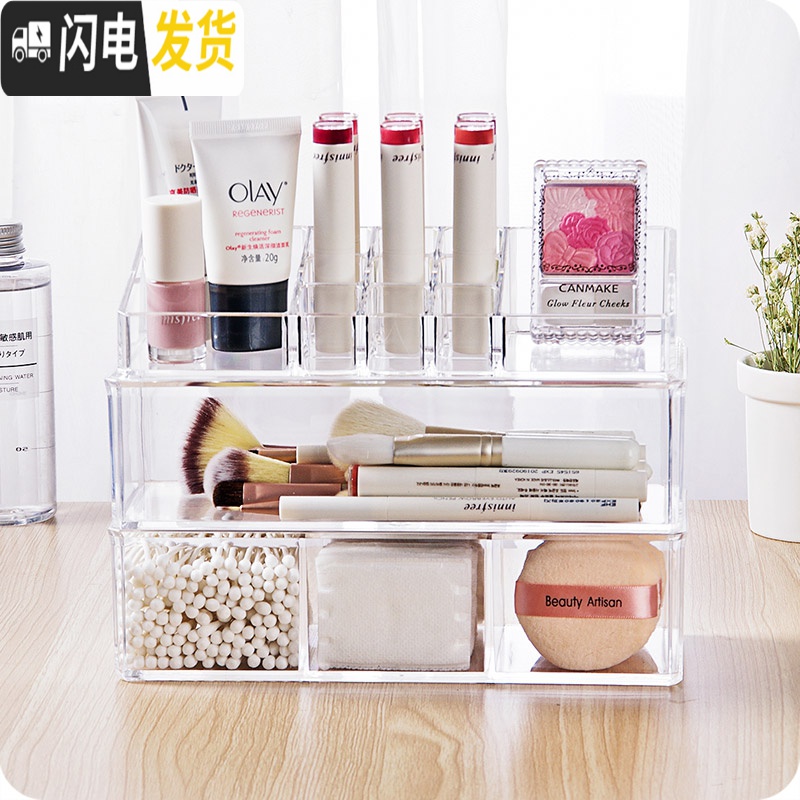 三维工匠透明亚克力化妆品收纳盒塑料桌面储物盒化妆棉化妆刷防尘收纳盒高清大图
