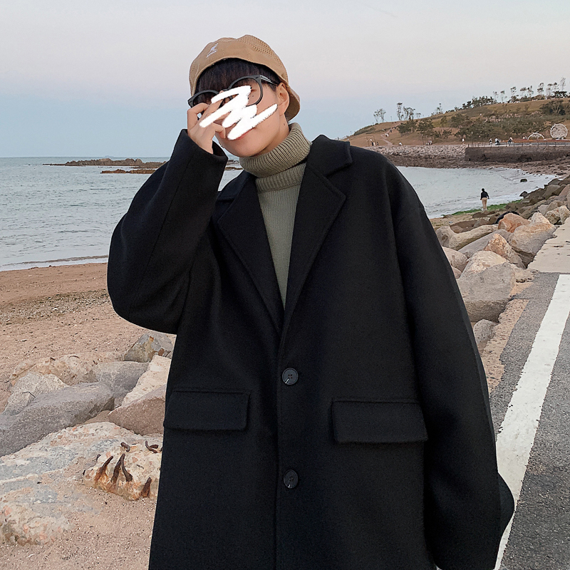 YUANSU毛呢大衣男韩版秋冬外套休闲男士风衣潮流宽松上衣帅气披风情侣装风衣