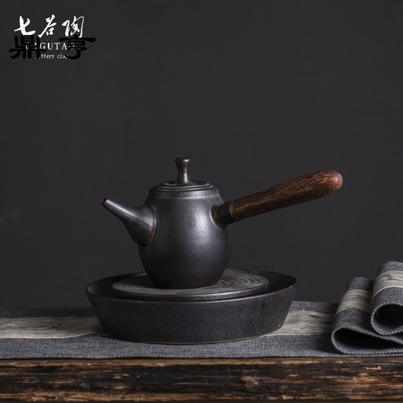 鼎亨 纯手工木质把手陶壶陶瓷泡茶壶 粗陶茶具 台湾侧把壶