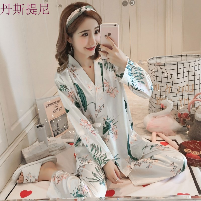 春秋季和服睡衣女夏长袖冰丝薄款家居服女韩版甜美可爱可外穿套装