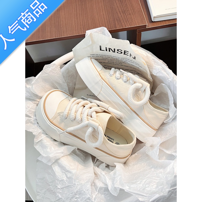 SUNTEK香港潮牌帆布鞋女鞋春秋新款韩版圆头低帮小白鞋百搭厚底休闲鞋女高清大图