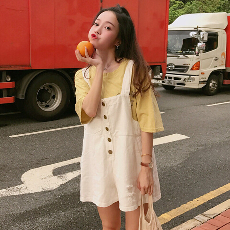夏装女装韩版宽松百搭高腰破洞牛仔裤背带裤阔腿裤休闲裤短裤显瘦白色均码