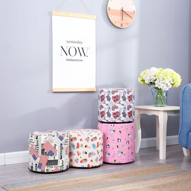 实木换鞋凳时尚穿鞋凳创意圆皮艺小凳子沙发凳茶几板凳家用矮凳 高度30cm 直径28cm 蓝色独角兽款图片