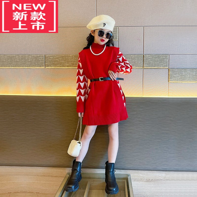 可莉允女童毛衣秋冬2022新款时髦洋气中大童网红炸街中长款针织连衣裙潮
