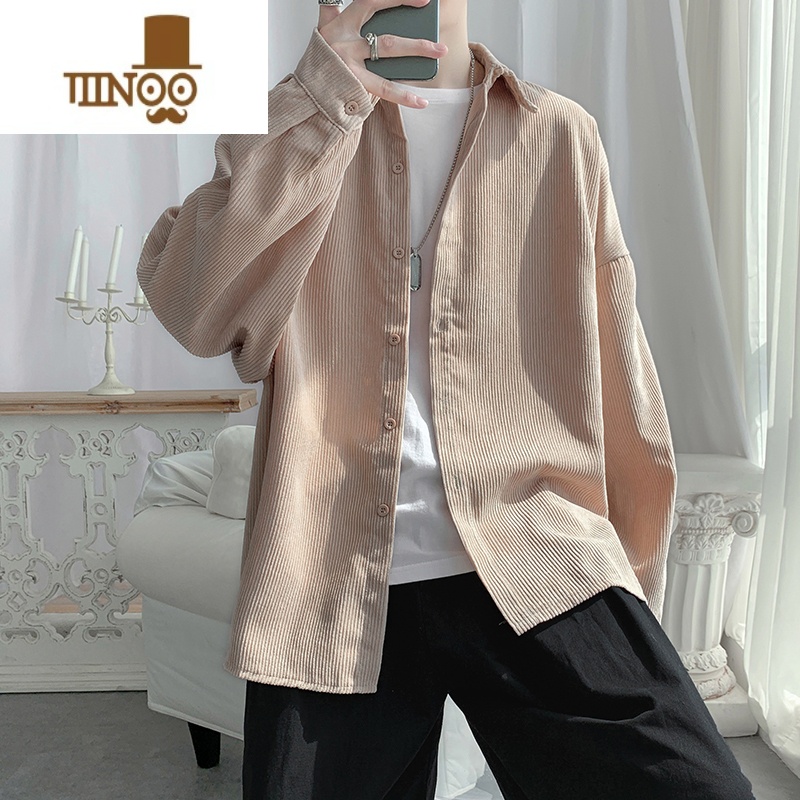 YANXU秋季潮牌长袖衬衫男设计感小众灯芯绒宽松寸衫韩版港风in潮绒AX高清大图