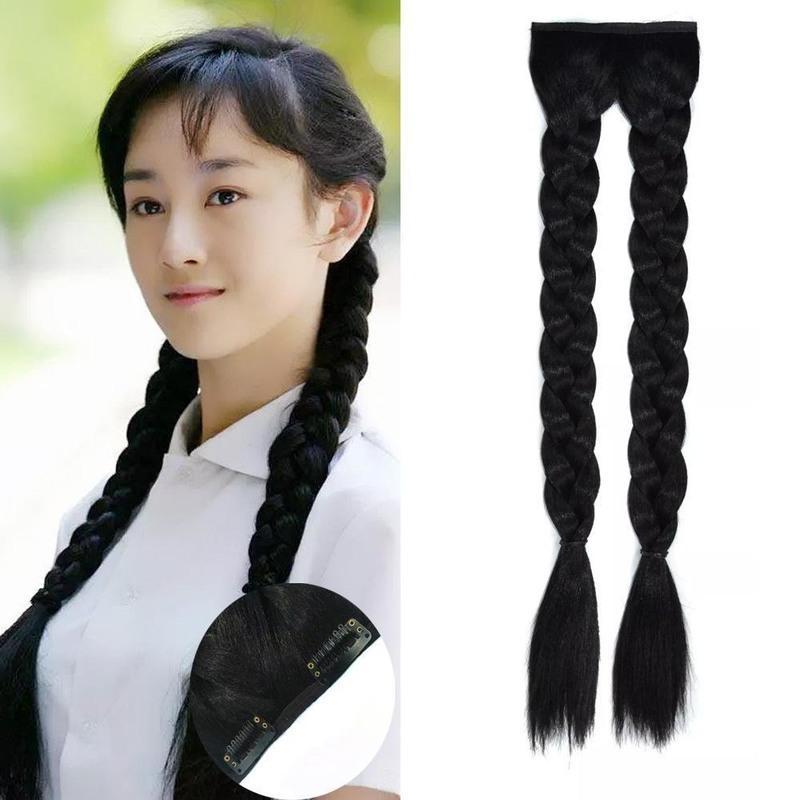 民国假发双辫子马尾辫古装旗袍影楼拍摄双麻花辫女鱼骨辫送头绳自然黑