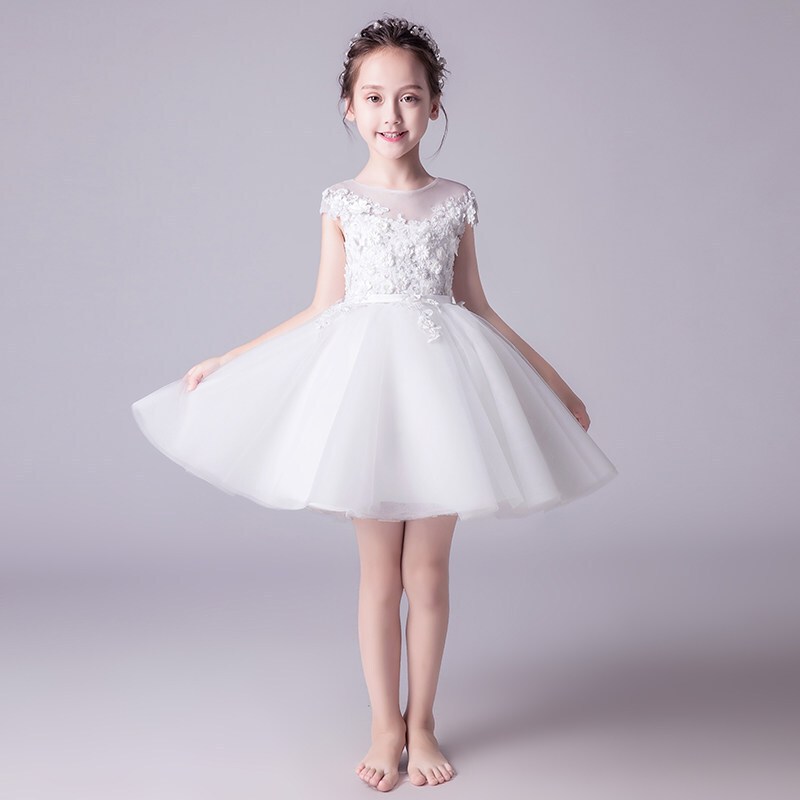 女童礼服公主裙儿童走秀蓬蓬纱白色花童婚纱小主持人钢琴演出服夏