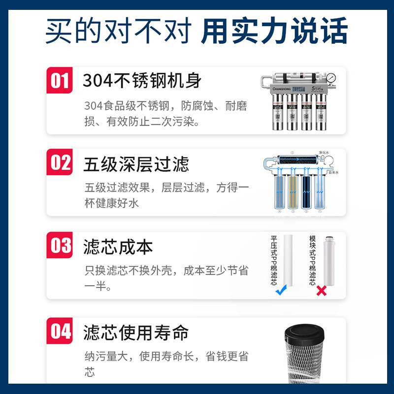 长虹(CHANGHONG)净水器家用直饮机无桶自营自来水龙头前置过滤器厨房台下式不锈钢纯水过滤器净水机CUF-H501