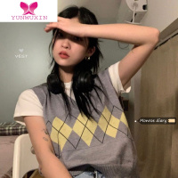 YUNWUXIN灰色菱格V领叠穿针织马甲短款无袖上衣女秋季坎肩外搭毛衣小背心马夹