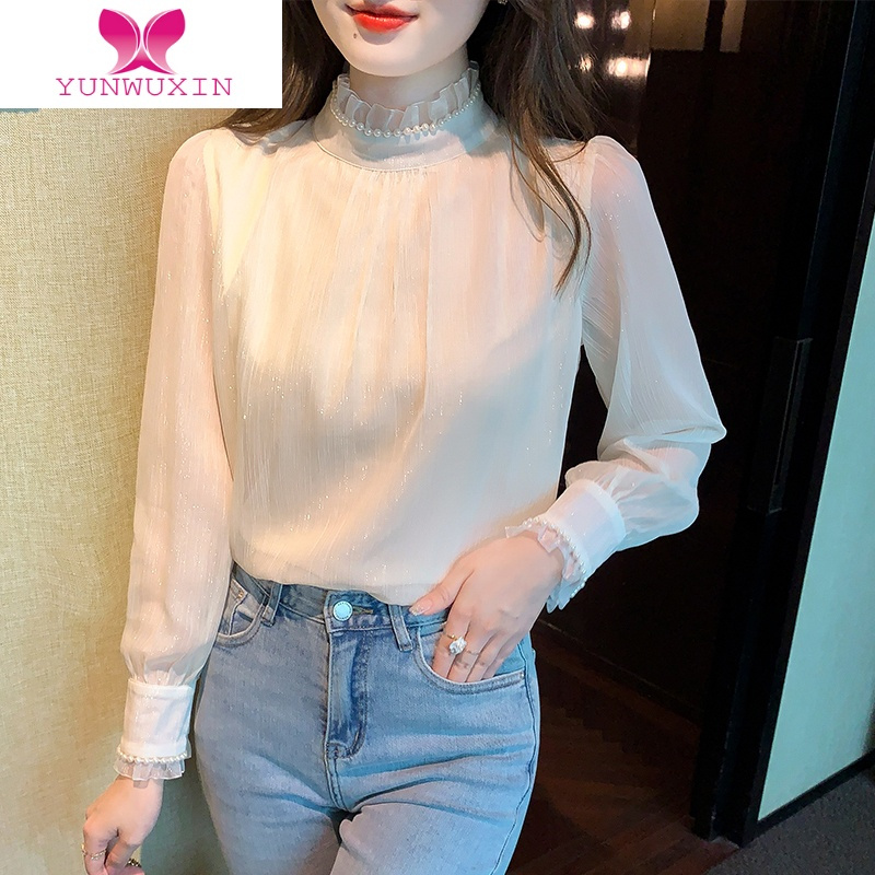 YUNWUXIN法式立领雪纺衬衫女秋装新款20222洋气甜美蕾丝拼接打底上衣内搭