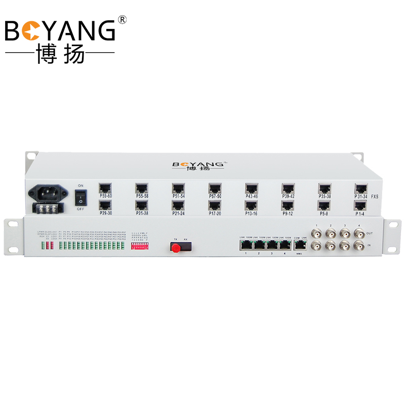 博扬 综合业务电话光端机 4路E1+30路电话+4路百兆物理隔离+6路磁石 FC单纤80km 1对