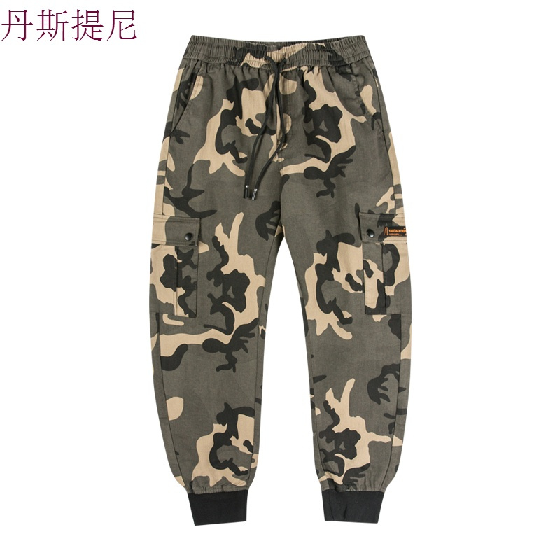 多口袋迷彩工装裤男潮宽松大码日系休闲裤收口束脚小脚哈伦长裤子