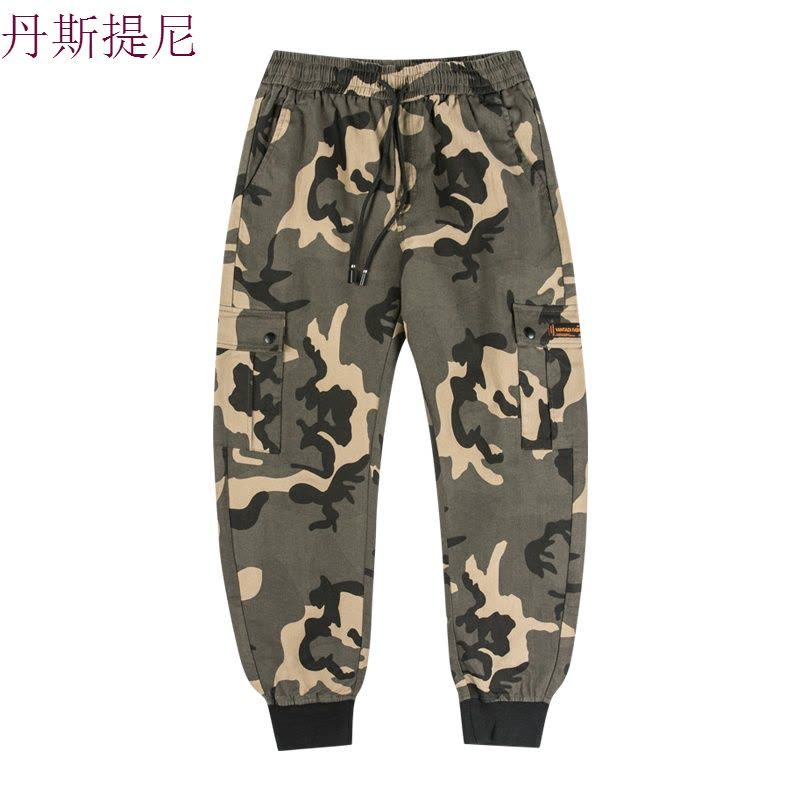 多口袋迷彩工装裤男潮宽松大码日系休闲裤收口束脚小脚哈伦长裤子图片