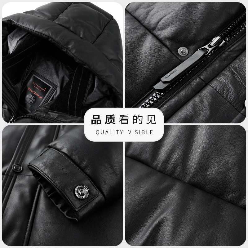 100头层真皮白鸭绒羽绒服皮夹克皮外套冬季加厚保暖中长款新款男装皮夹克海宁真皮绵羊皮高清大图