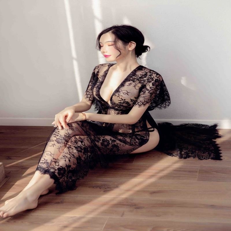 长夜漫漫情趣内衣外贸欧美长款开叉黑色透视睫毛花边蕾丝睡裙代发qe高清大图