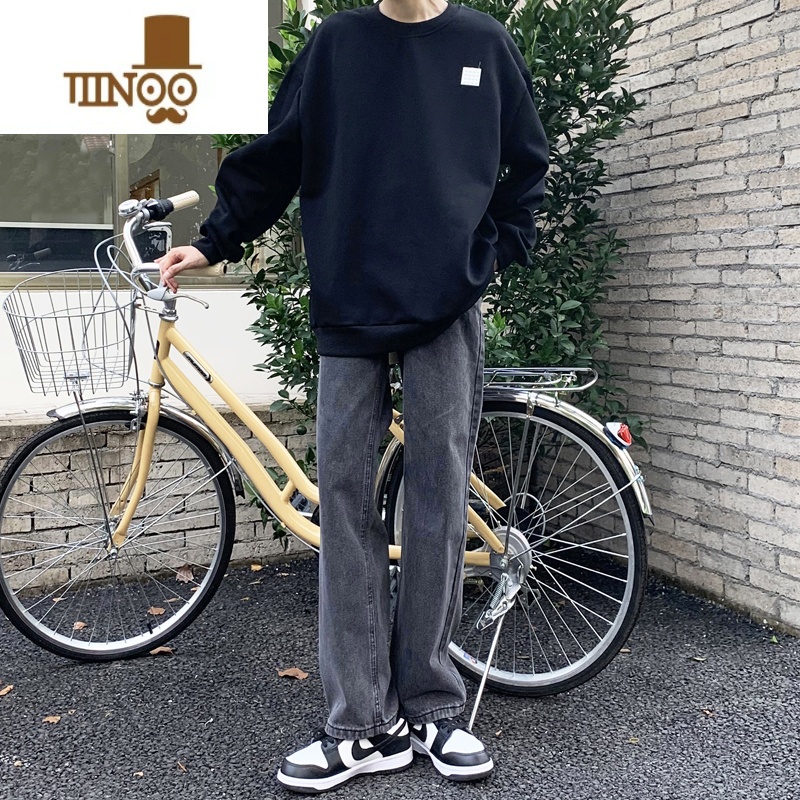 YANXU直筒宽松港风阔腿九分裤子男ins潮流垂感烟灰色做旧灰松宽感高清大图