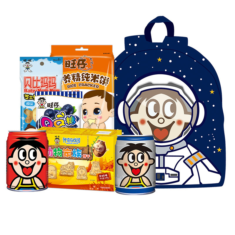旺旺开心零食礼盒318g+490ml (旺仔QQ糖+旺仔牛奶+内赠儿童牵引包1只)