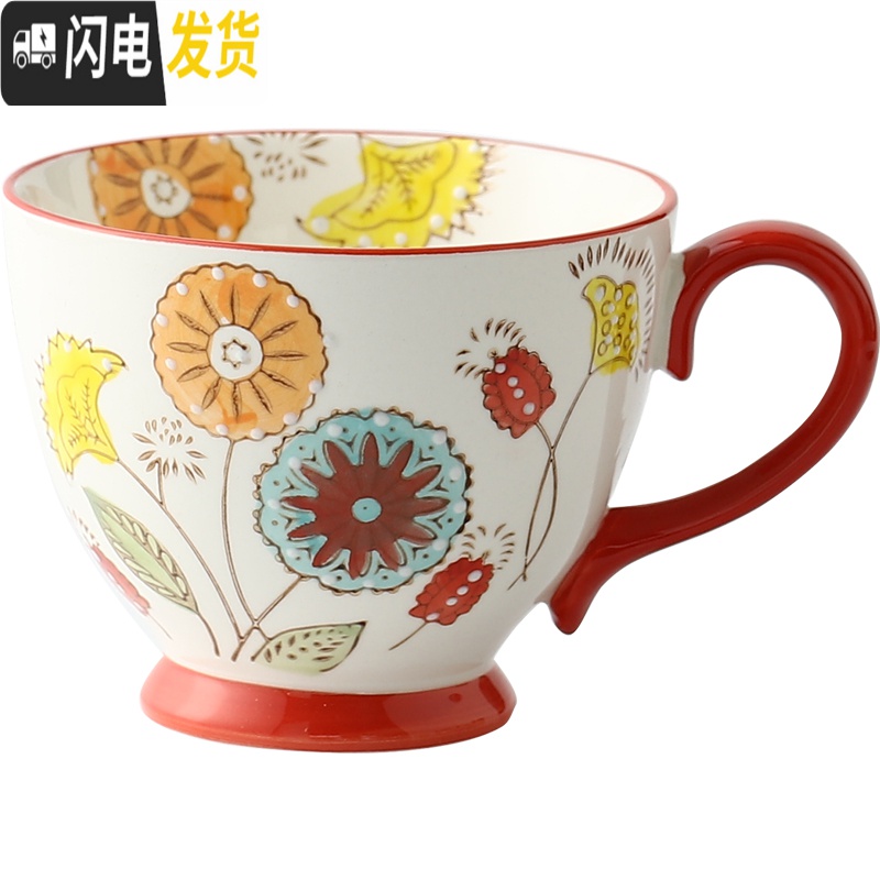三维工匠手绘早餐杯大号牛奶燕麦杯麦片杯子陶瓷家用办公两用杯大容量带勺马克杯高清大图