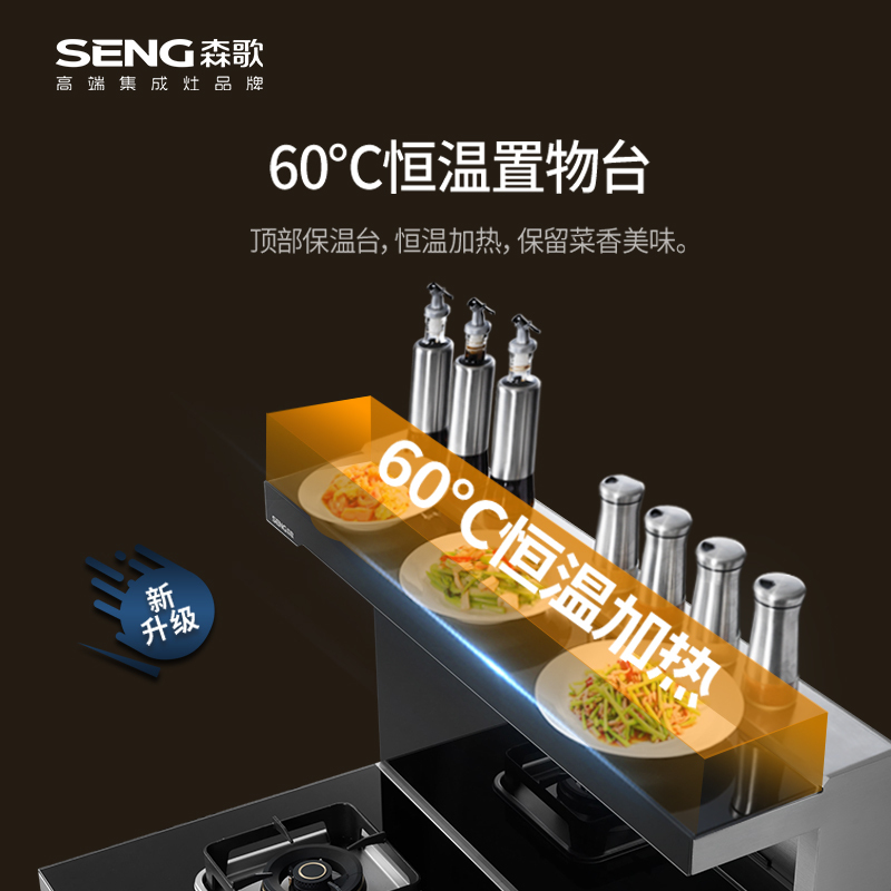 森歌(SENG)集成灶一气一电消毒柜款JJZDT-KA1(天然气)60℃恒温置物台 105L超大容量 5.0kW大火力,