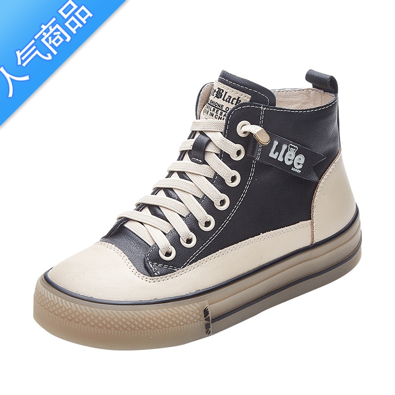 SUNTEK头层高帮鞋子女新款2023年春夏季小白鞋百搭休闲板鞋高清大图