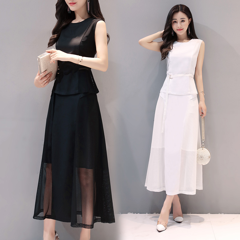 无袖雪纺连衣裙长裙女夏女士新品修身小清新中长款两件套网纱裙子