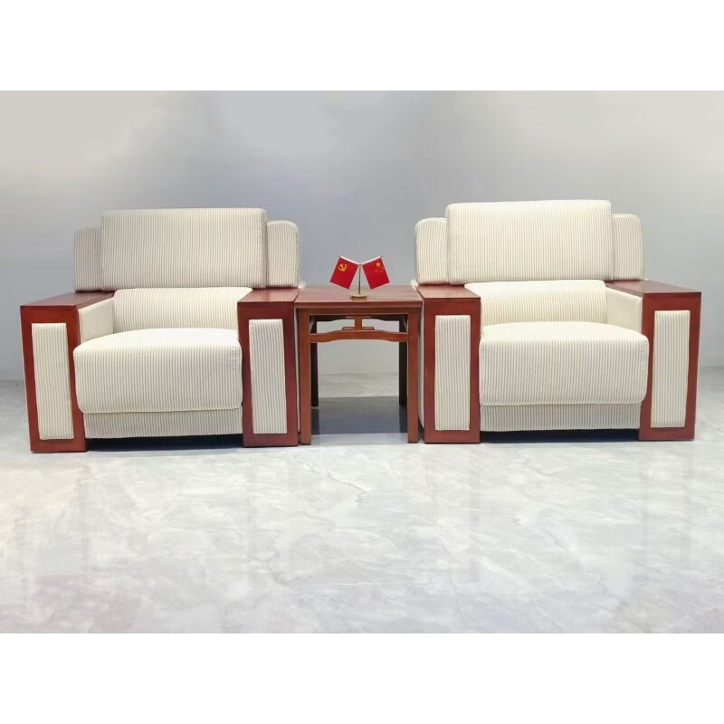 誉卓远 办公室实木框架沙发中式接待贵宾会客沙发布艺沙发组合 1+1+茶几高清大图