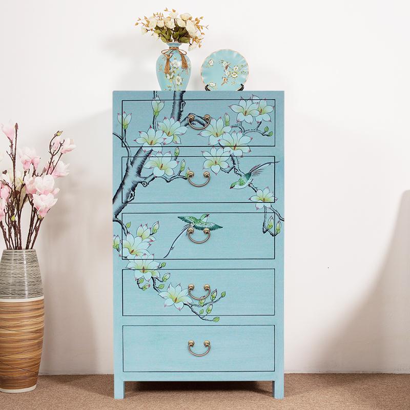 实木五斗柜简约现代抽屉储物柜客厅收纳卧室新中式香樟木四斗橱子 湖蓝色五斗(66长*40宽*120高cm)整装