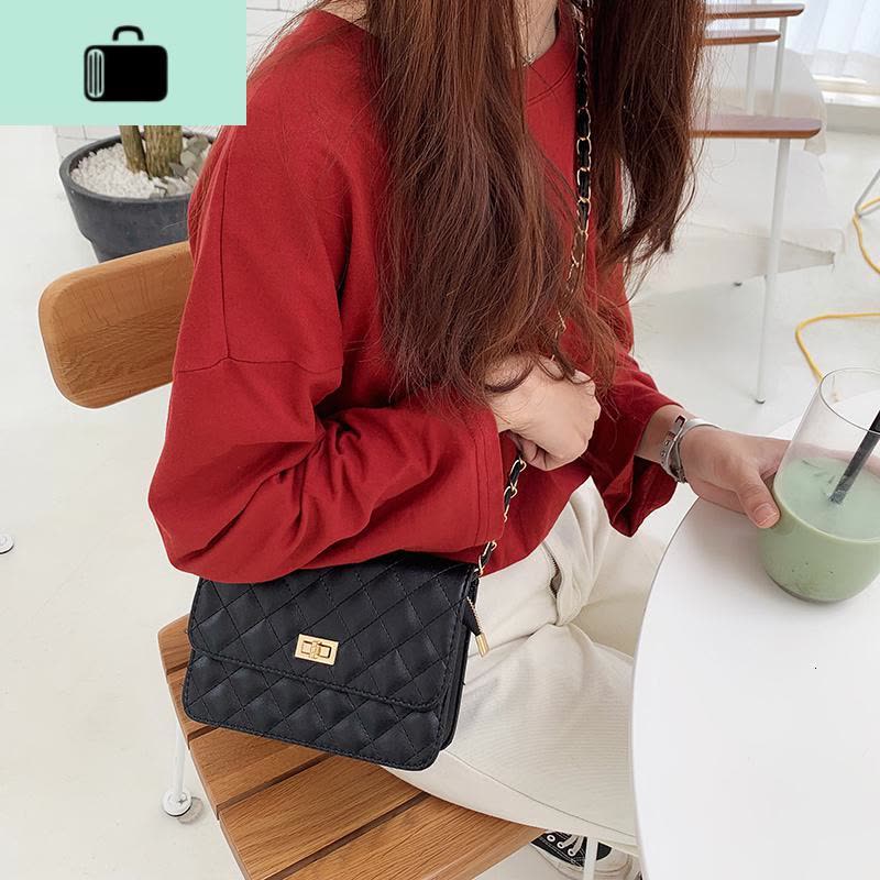 2020韩国气质chic链条小方包单肩斜挎包ins时尚百搭菱格纹包包女NEW LAKE 黑色acc女士单肩包图片