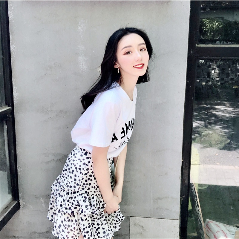 小心机俏皮套装女夏韩版时尚百搭字母短袖T恤+高腰雪纺豹纹半身裙