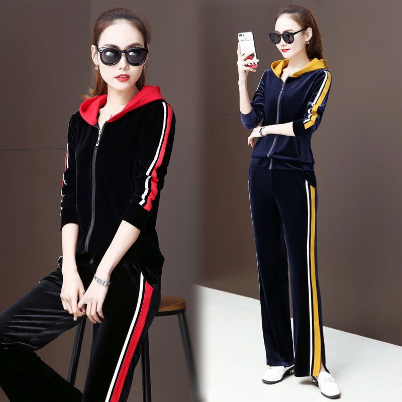 金丝绒休闲运动套装女春秋大码2020新款时尚韩版卫衣阔腿裤两件套威珺