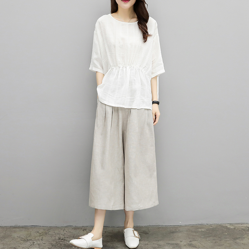 时尚棉麻阔腿裤套装女夏装文艺复古胖mm大码女装休闲亚麻两件套