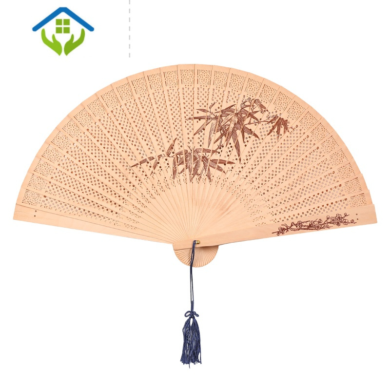 御蓝锦木质扇子中国风檀香扇古风随身镂空全木扇流苏