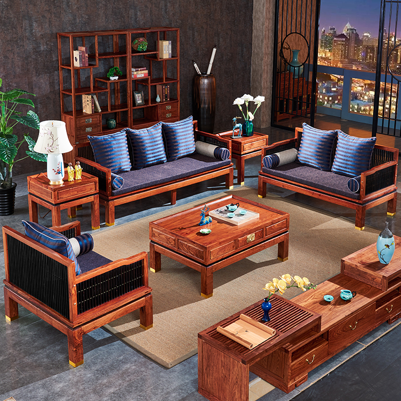 周家庄红木家具非洲花梨学名刺猬紫檀沙发实木沙发新中式别墅沙发格优