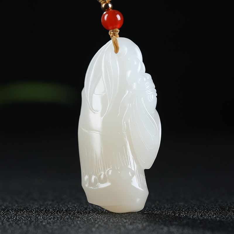 [声名远扬]新疆和田玉吊坠玉坠羊脂白玉竹节玉蝉挂件天然玉石