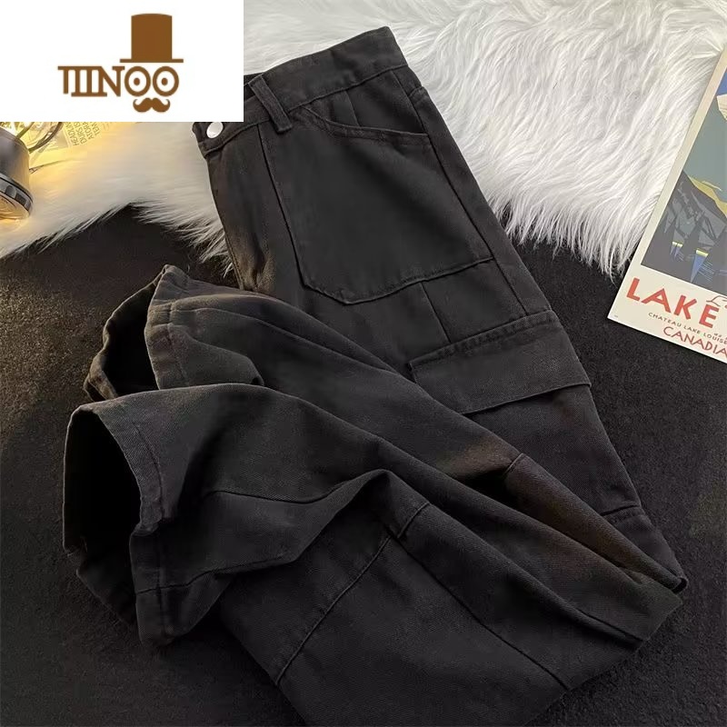 YANXUins潮牌美式多口袋工装牛仔裤男女街头复古直筒裤日系水仔牌袋男高清大图