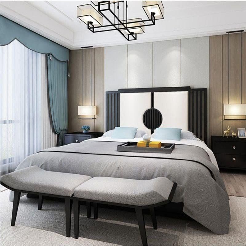 新中式实木床卧室定制布艺婚床现代简约样板房酒店双人床家具图片