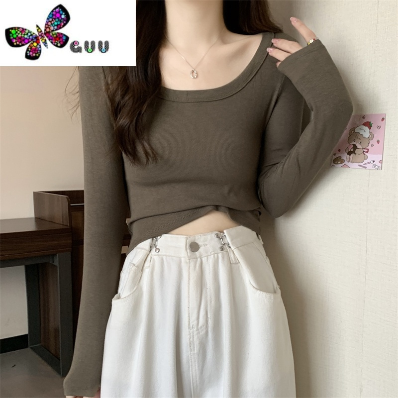 语娄春季白色打底衫女装长袖t恤夏季新款设计感小众辣妹短款上衣内搭